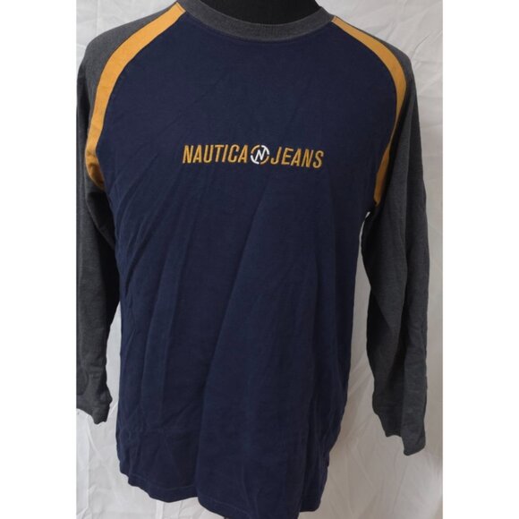 Nautica Jeans Co Mens M Blue Grey Yellow Logo Long Sleeve Heavy Spellout T-Shirt - Picture 1 of 13